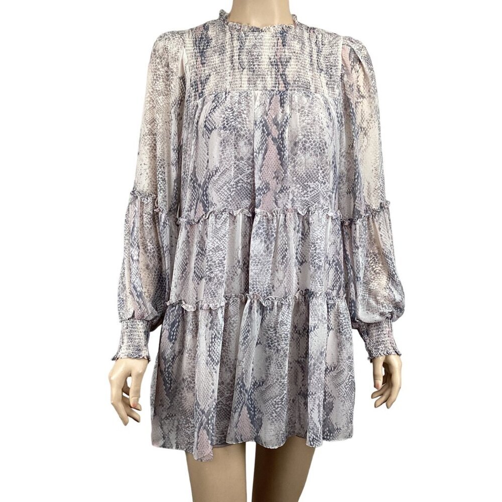 Olivaceous Snakeprint Tiered Smocked Mini Dress‎ Size Small Long Sleeve